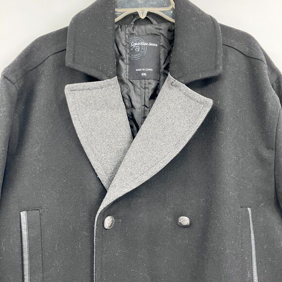 Calvin Klein Mens Colorblock Gray Black Wool Blend Double Breasted Peacoat XXL - Picture 2 of 12